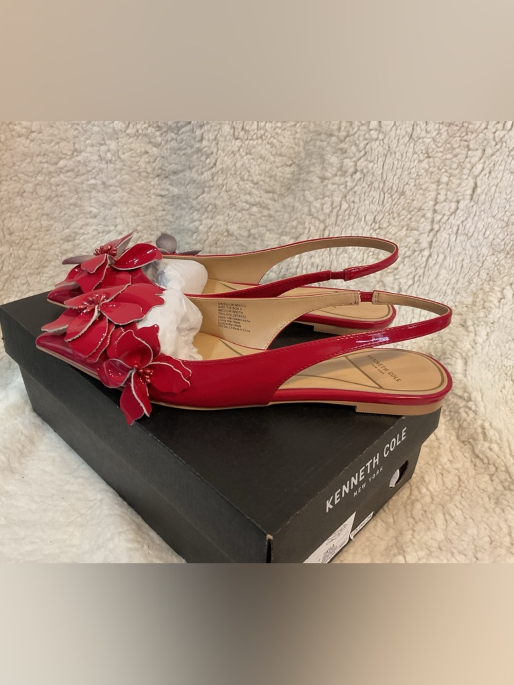 Kenneth Cole Red Patent Slingback Flats with Floral Appliqués